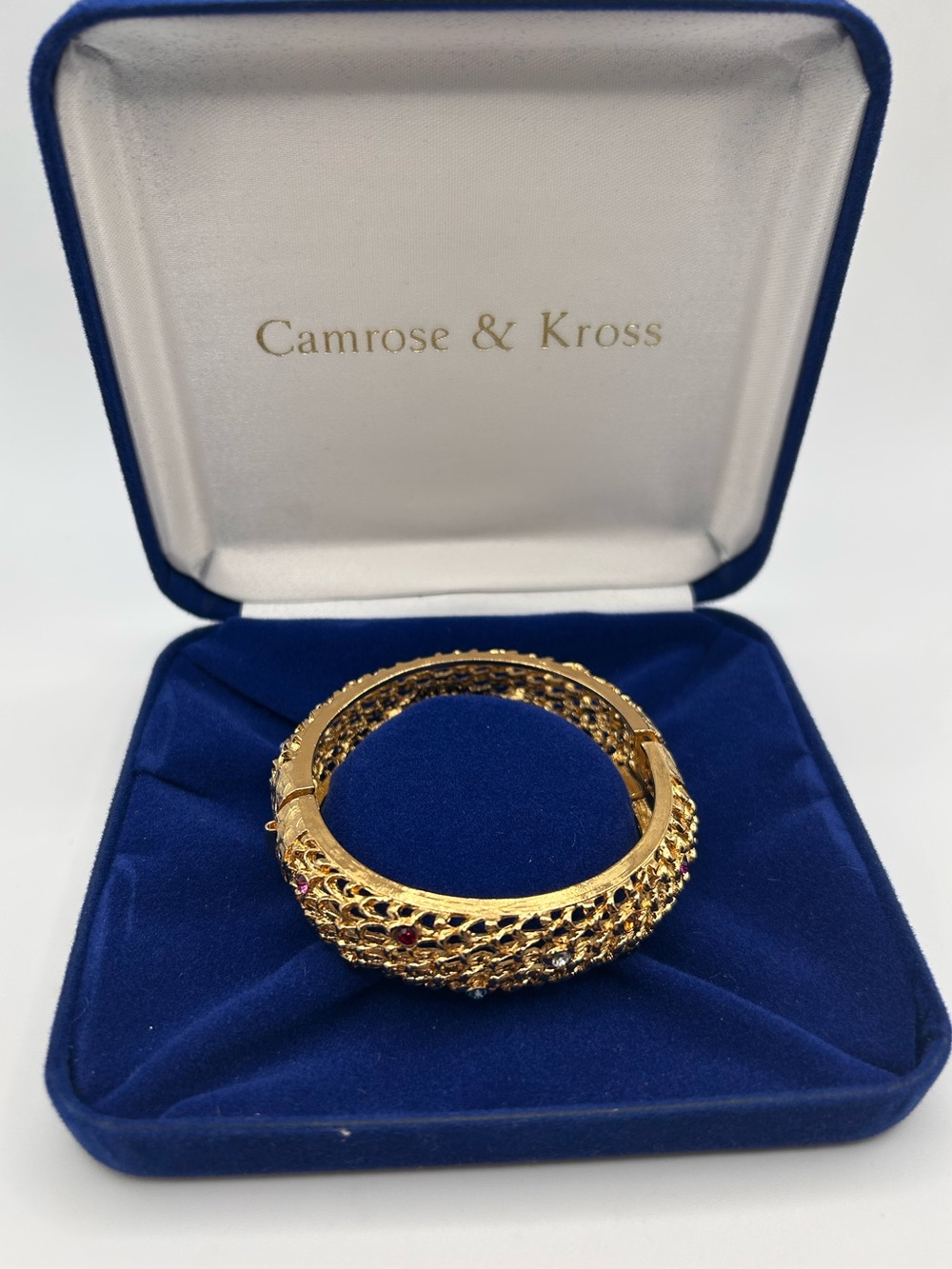 Camrose & Kross JBK gold plate woven bangle with multicoloured crystals